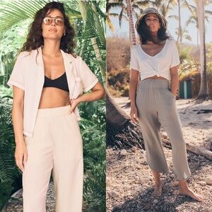 NWT MARINE LAYER Ivory Crinkle Cotton‎ Smocked High Rise Wide Leg Cropped Pant S